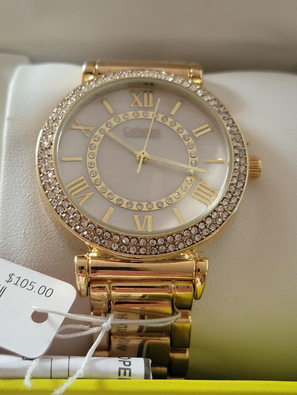 Catherine Malandrino Womens Watch White Dial Gold Tone Gemmed Bezel Bracelet